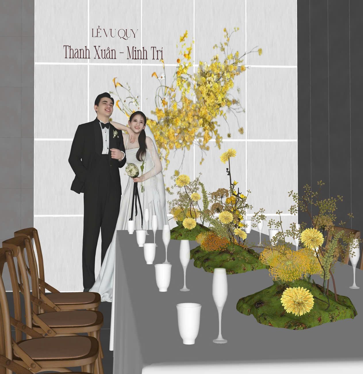 Phác thảo backdrop lễ vu quy sắc vàng