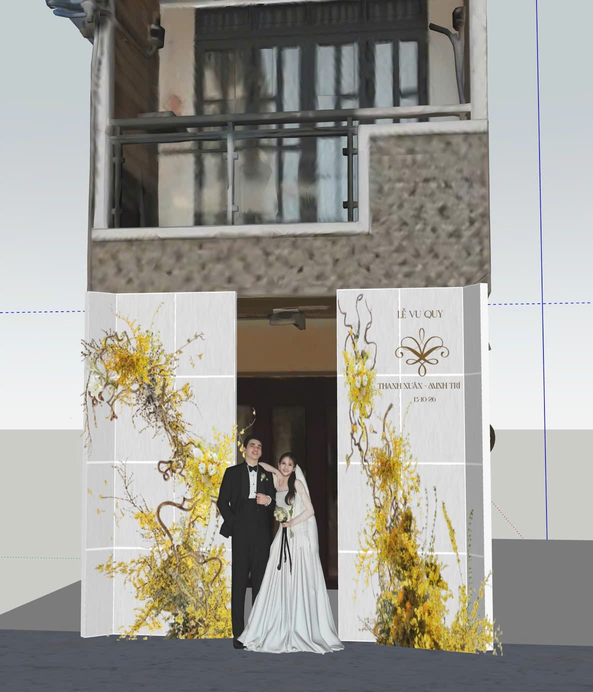 Phối cảnh mặt tiền backdrop hoa vàng dạng leo