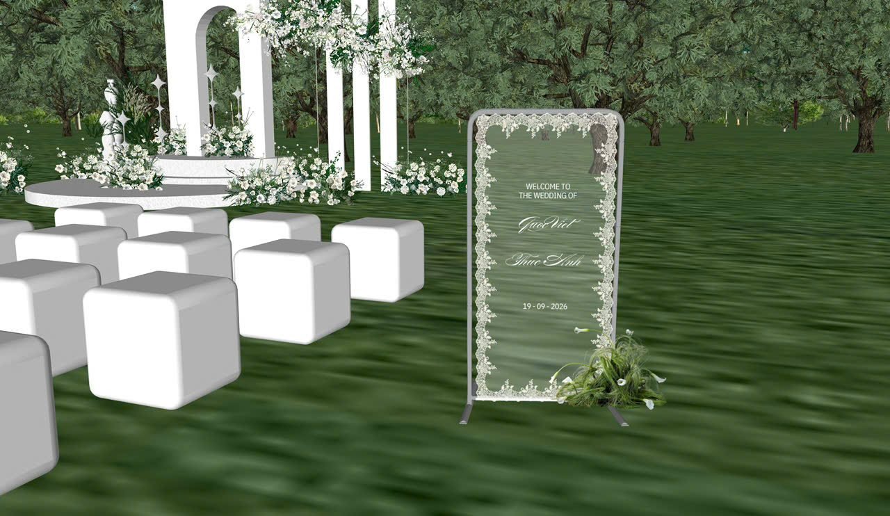 Mô hình 3D cổng hoa trắng và ghế đôn khối lập phương